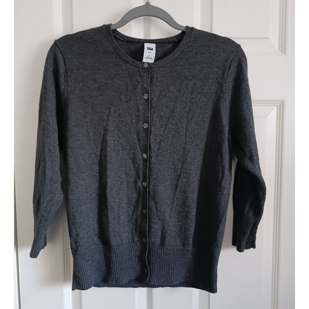 Gap Lambswool Blend Dark Gray Cardigan Sweater Button Front Crew Neck‎ Size L